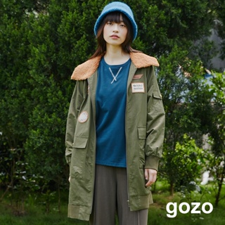【gozo】保暖毛毛領長版飛行外套(粉色/深綠_F) | 女裝 西裝領 休閒