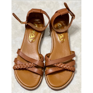 amai 編織繞踝低跟真皮涼鞋平底涼鞋size23.5台灣製棕色
