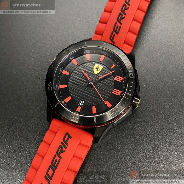 FERRARI手錶,編號FE00072,48mm黑圓形精鋼錶殼,黑色中三針顯示, 運動錶面,紅真皮皮革錶帶款