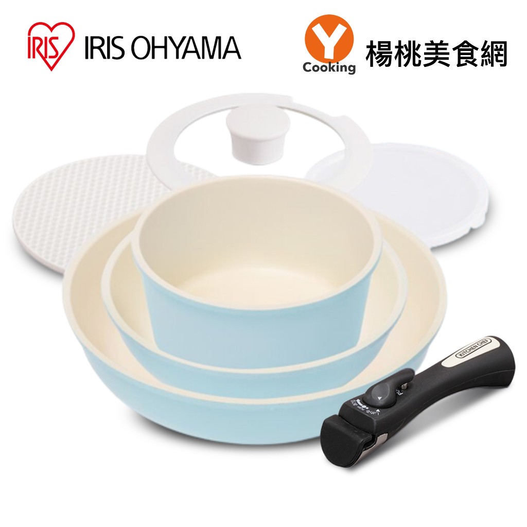 【IRIS OHYAMA】馬卡龍陶瓷塗層IH不沾鍋具6件組 (湖水藍)【楊桃美食網】