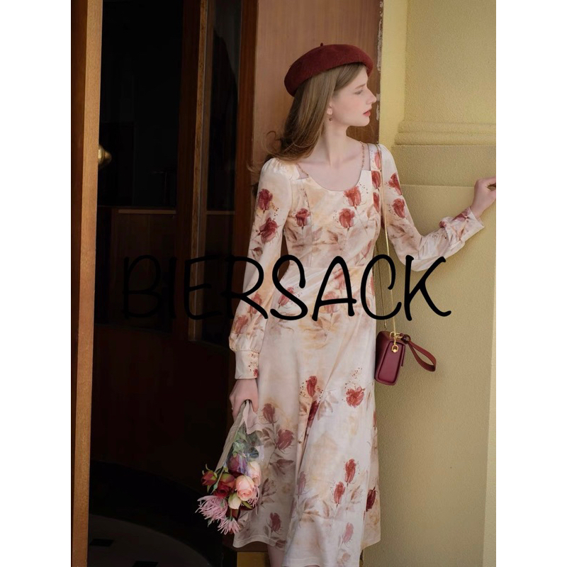 現貨/BIERSACK 英國進口🇬🇧倫敦復古1900s《Baker Street》重工英式絲絨/酒紅玫瑰/優雅長袖洋裝