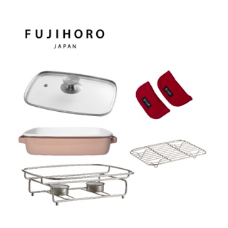 【FUJIHORO 富士琺瑯】雙耳琺瑯烘焙保鮮盒方型(附蓋)1.6L+網架+玻璃蓋+燭台架+隔熱手套紅