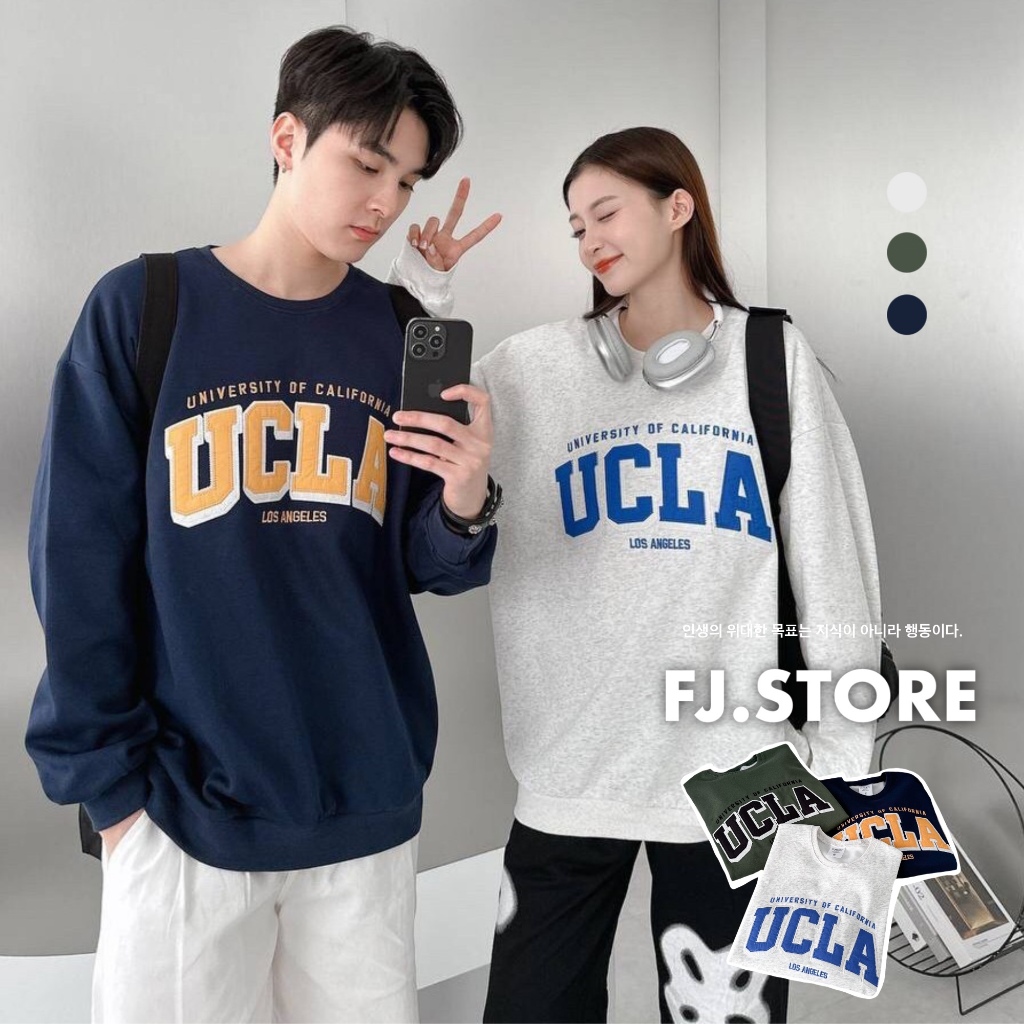 【FJstore】UCLA 大學T 拼布繡貼文字 素面大學T 重磅大學T 素面大學踢 無刷毛 長袖上衣 情侶穿搭