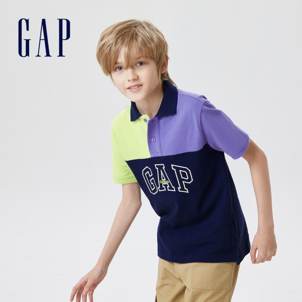 Gap 男童裝 Logo撞色拼接短袖POLO衫-藍色拼接(607217)