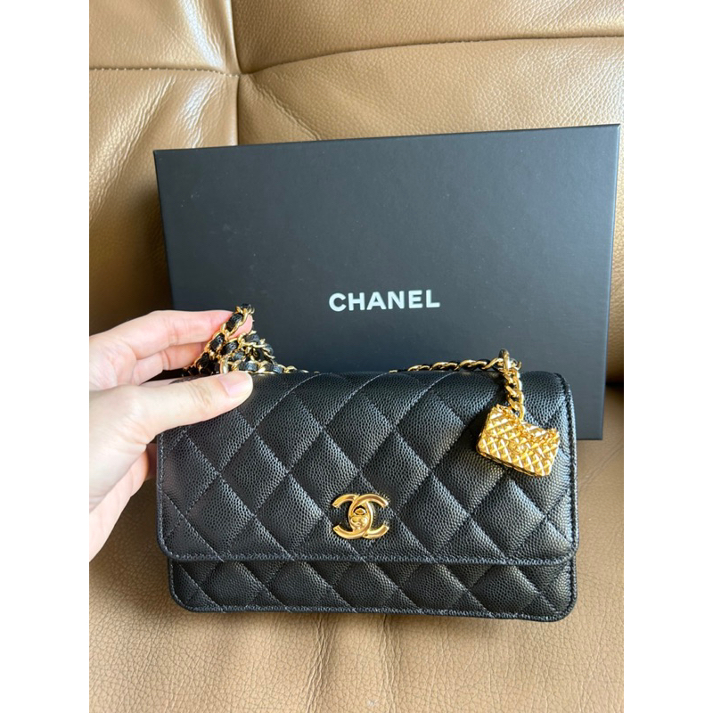 Chanel荔枝黑金雙層woc包