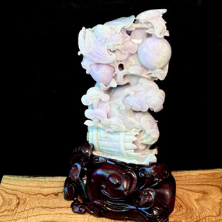天然緬甸玉翡翠玉A貨 紫羅蘭翡翠福在眼前 糯冰種福祿壽緬甸玉 鏤空雙面雕 精品值得收藏 附臺灣寶石鑑定所證書 J173