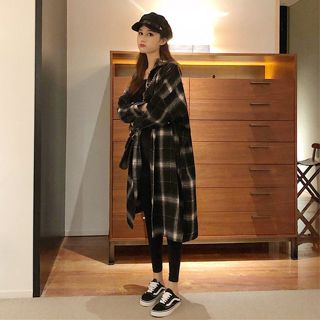 佰分佰/100kg內可穿/格子襯衫/冬裝/寬松外套/顯瘦/大碼女裝/韓版/中長款/過膝/加厚/襯衣/外搭上衣/大尺碼