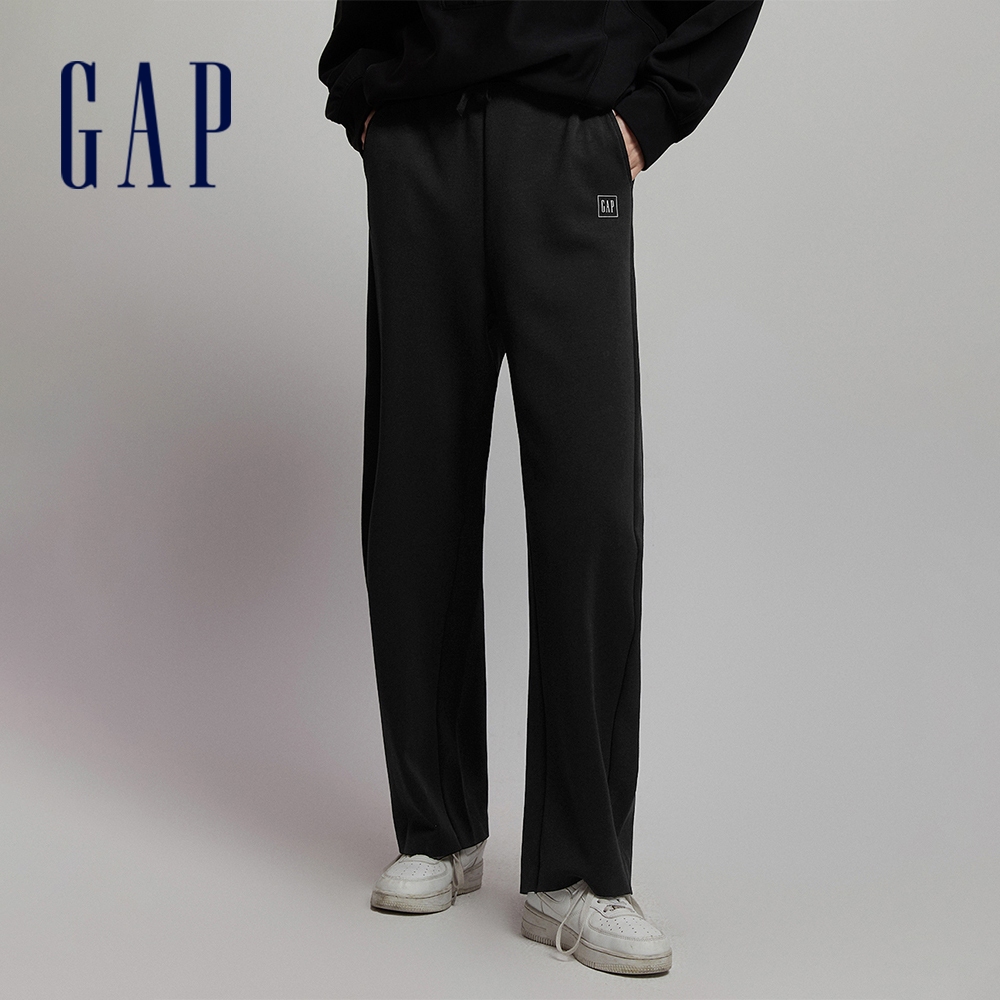 Gap 女裝 Logo高腰抽繩鬆緊棉褲 空氣三明治系列-黑色(795247)