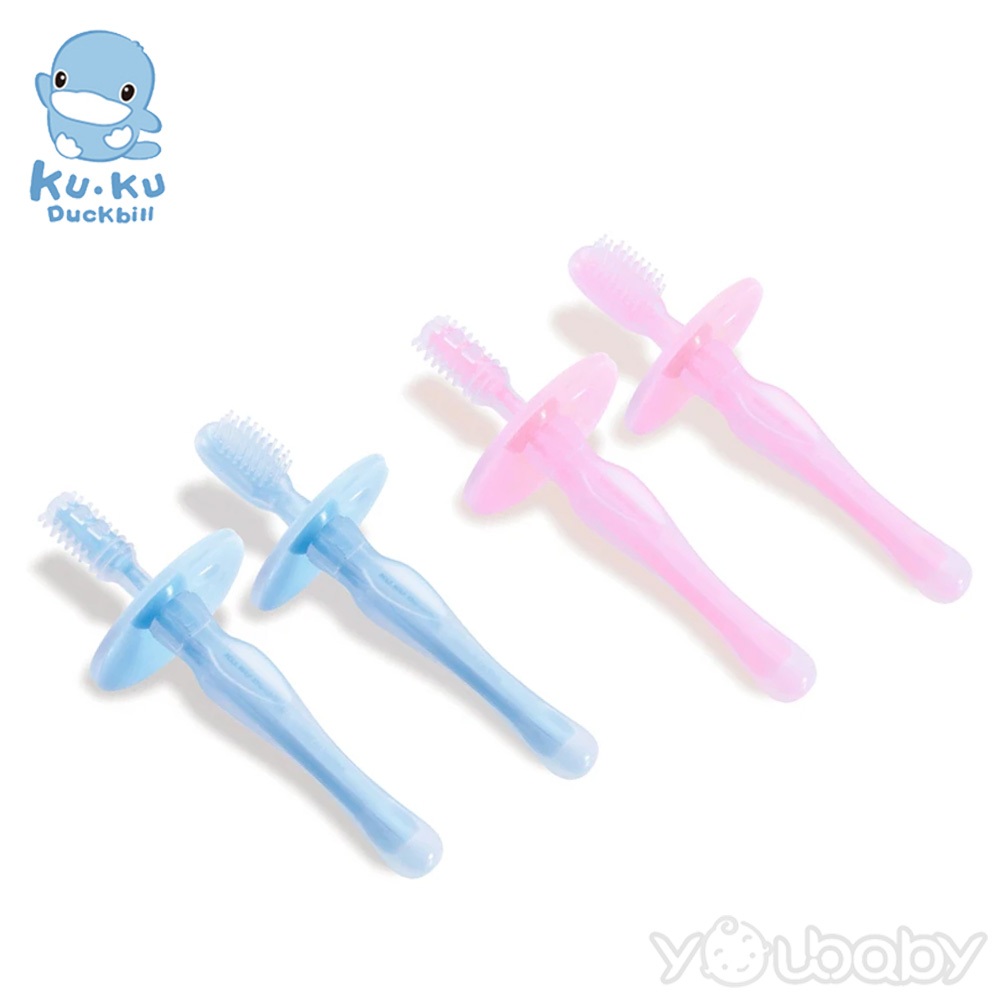 酷咕鴨 KUKU 幼兒學習矽膠牙刷組 (藍色/粉色) /兒童牙刷