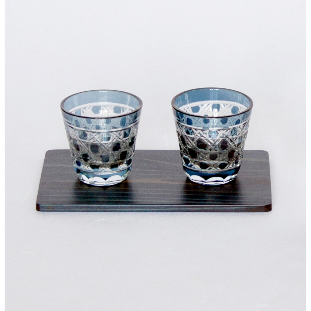 AOLA藍染杉木杯墊＆玻璃杯套件Kiriko low Glass Indigo-dyed cedar plate Set