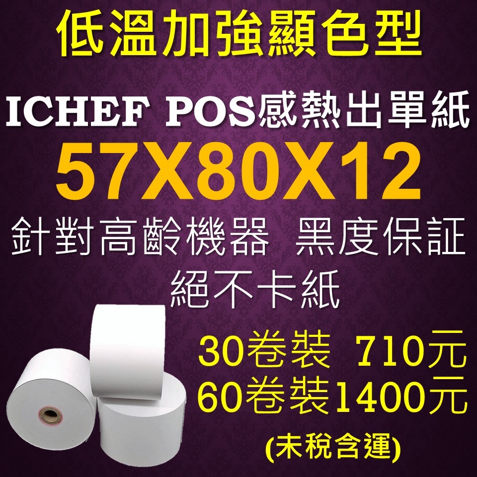 老機器適用,低溫顯色經濟型,iCHEF點餐POS系統出單機空白熱感應感熱紙卷57X80X12, 保証黑,不卡紙,不粘頭
