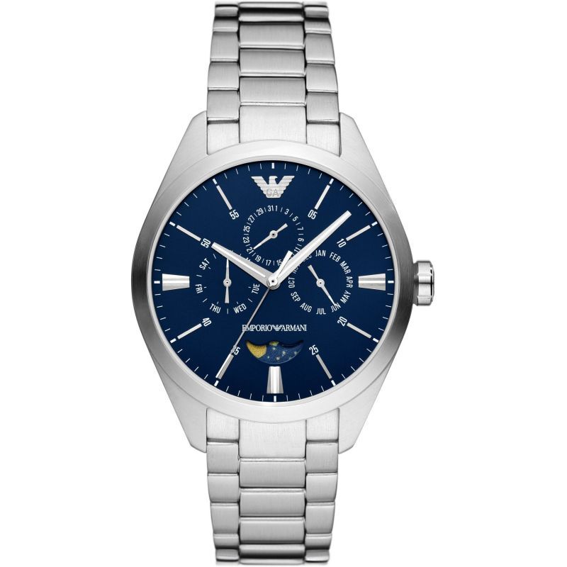 【EMPORIO ARMANI】藍色月半錶盤不鏽鋼腕錶 AR11553 43mm 現代鐘錶