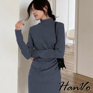 【HanVo】高領素色設計感修身連衣裙 氣質褶皺收腰顯瘦包臀裙 韓系女裝百搭 女生衣著 3677