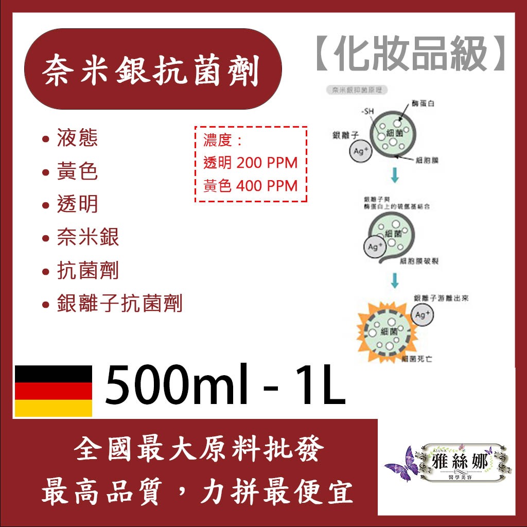 雅絲娜 奈米銀抗菌劑 500ml 1L 液態 黃色 透明 銀離子抗菌劑 奈米銀 抗菌劑 化妝品級