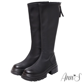 Ann’S防潑水材質-顯瘦100分厚底圓頭及膝長靴5cm-黑