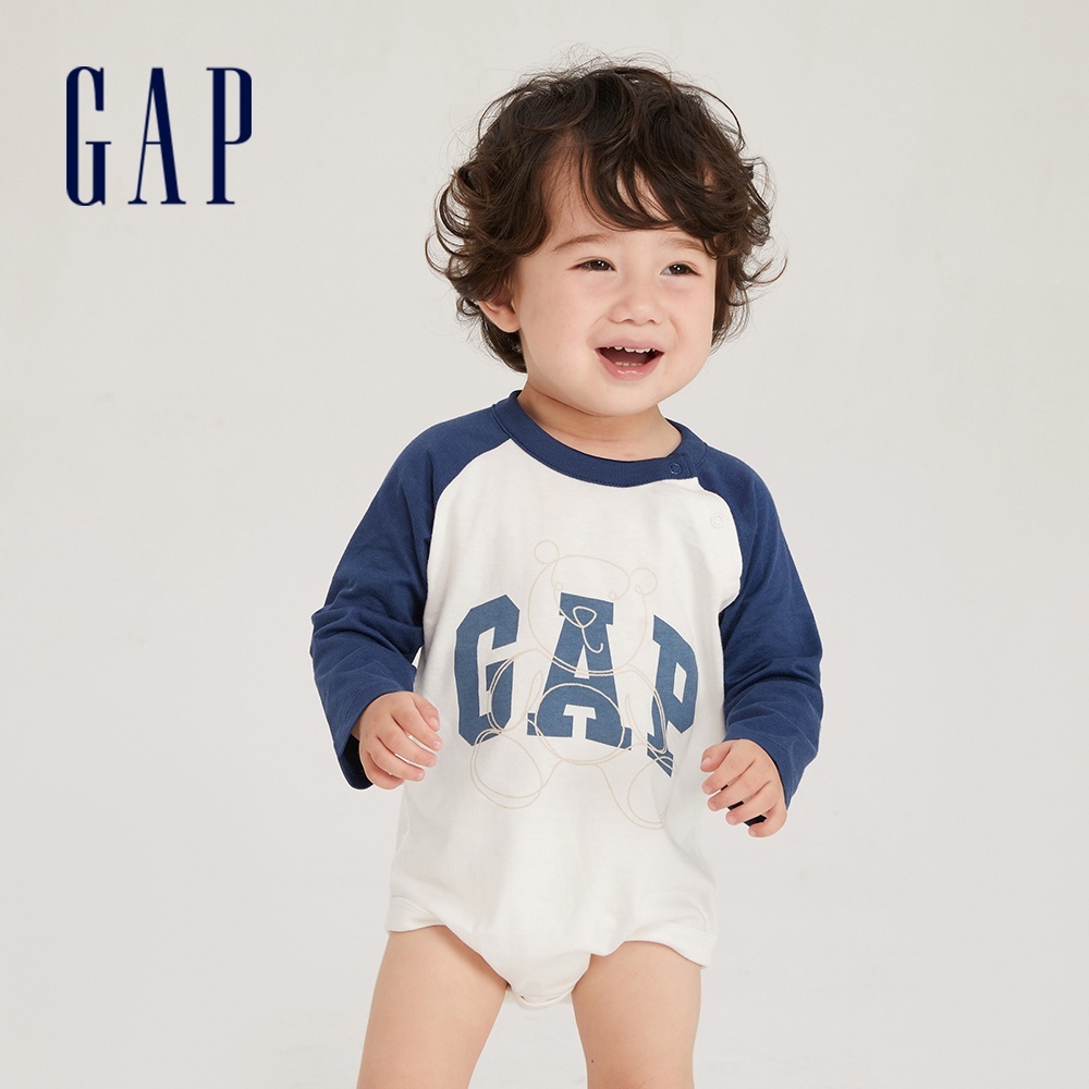 Gap 嬰兒裝 Logo小熊印花圓領長袖包屁衣-藍色(794548)