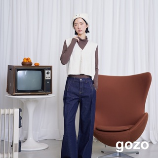 【gozo】織標紋路開襟毛衣背心(米色/藍色_F) | 女裝 V領 百搭