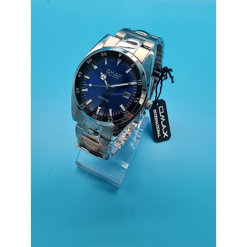 OMAX歐瑪仕石英錶，藍色面盤，藍寶石水晶玻璃，不鏽鋼錶殼，不鏽鋼錶帶，日本機芯。
