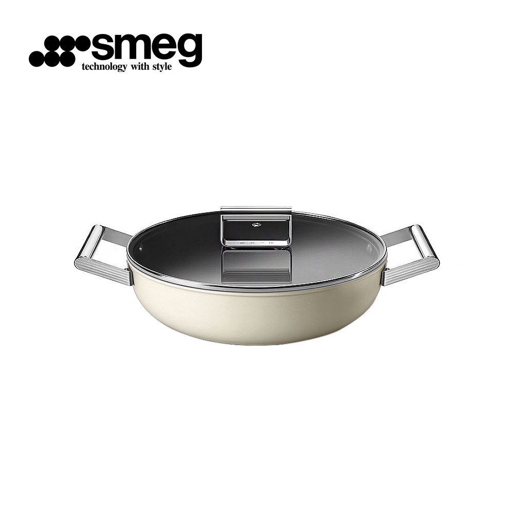 【SMEG】義大利彩色不沾雙耳燉鍋28cm(含蓋)｜奶油色