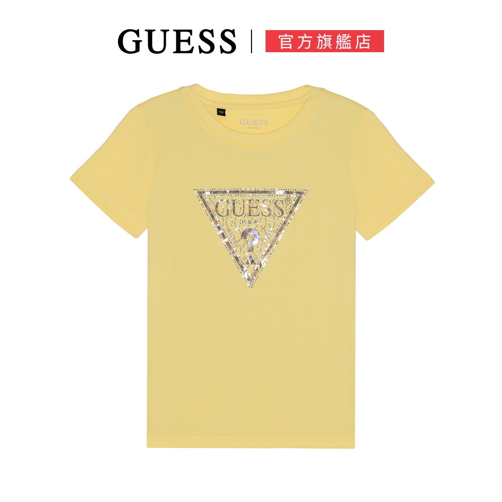 【GUESS】女款-煥彩燙鑽圓領短袖T恤-黃