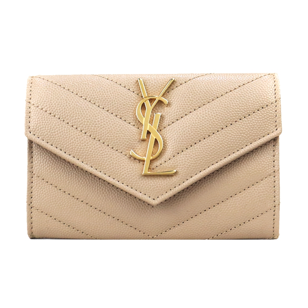 YSL MONOGRAM V字縫線魚子醬牛皮暗釦零錢包｜100%原廠真品｜JS Maxx官方旗艦館