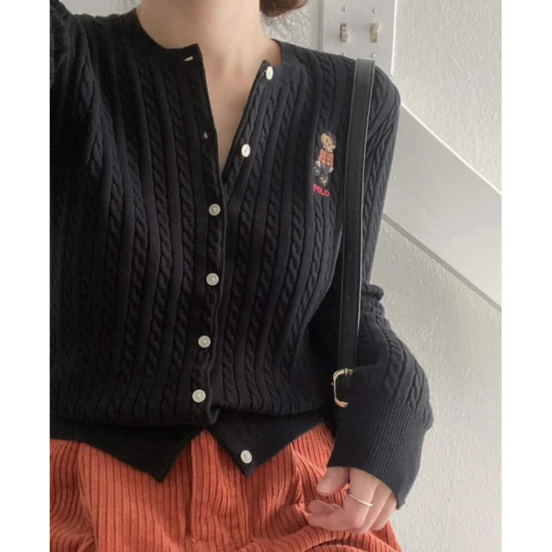 全新Polo Ralph Lauren Bear Mini-Cable Cardigan 女大童黑色小熊麻花針織外套L