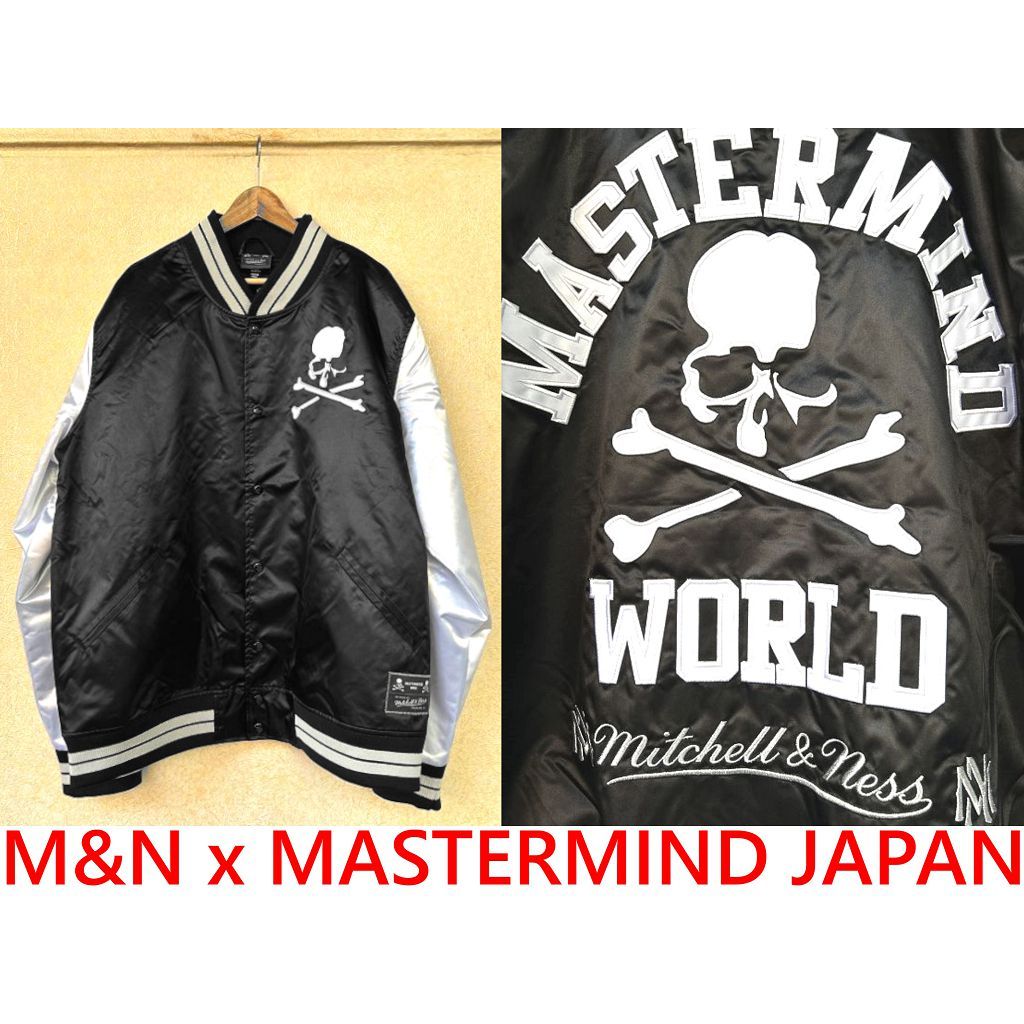 BLACK全新MASTERMIND JAPAN x Mitchell &amp; Ness橫須賀夾克M&amp;N刺繡骷髏棒球外套