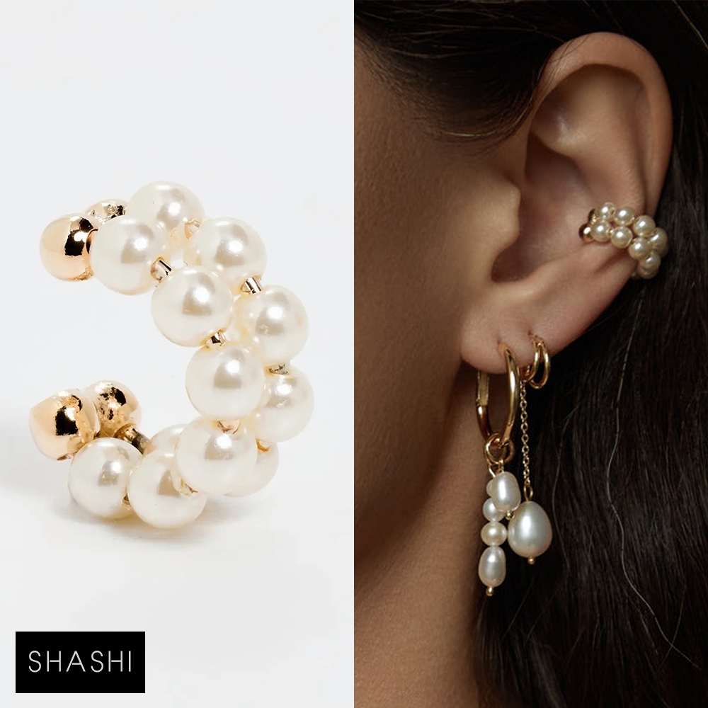 SHASHI 紐約品牌 Pema Double 金色雙層珍珠耳環 簡約C形耳環夾 無耳洞女孩必備 單隻販售