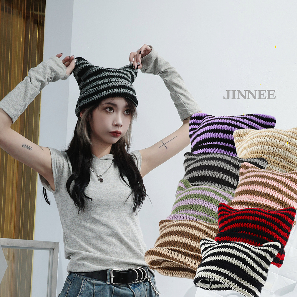 JINNEE- 貓耳 條紋 針織 毛帽 帽