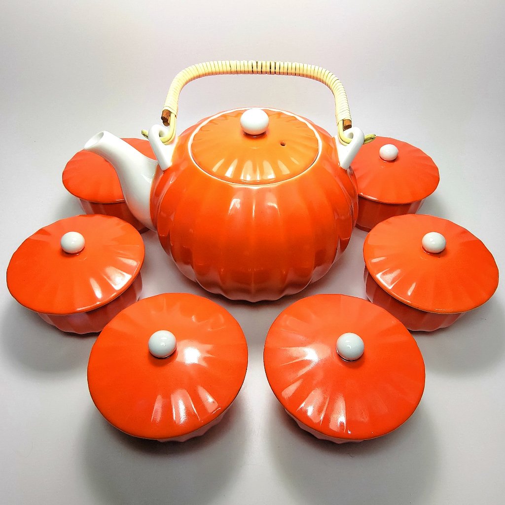 《NATE》懷舊早期日本製【ONO JAPAN陶瓷 橘紅色 日式蓋杯/茶杯/茶碗】南瓜造型 一壺六杯(1茶壺+6杯)一組