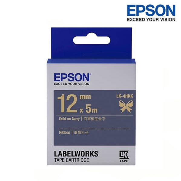 EPSON LK-4HKK 海軍藍底金字 標籤帶 緞帶系列 (寬度12mm) 標籤 S654429 深藍底黑字