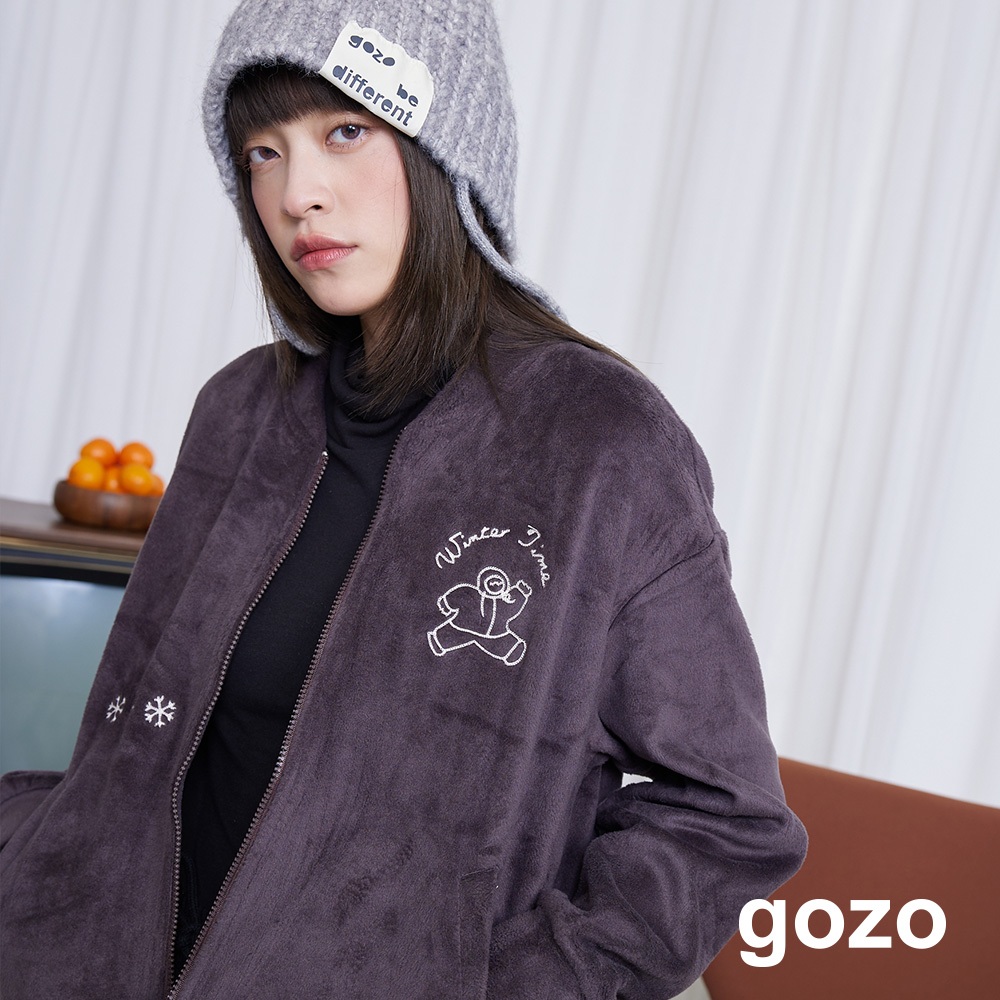 【gozo】穿羽絨服的雪人毛毛棒球外套(深咖/卡其_F) | 女裝 圓領 保暖