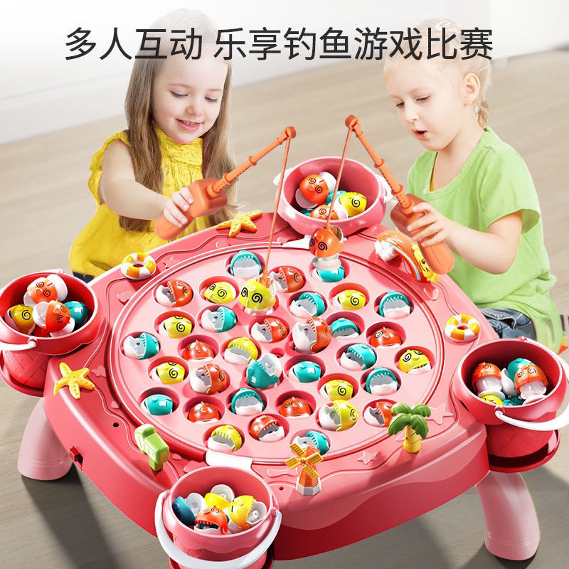 小金  電動钩魚玩具带音效磁性魚竿（速出貨） 63 件組桌遊電動釣魚玩具 旋轉釣魚盤