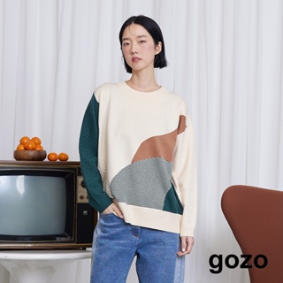 【gozo】➤特殊紋理配色毛衣(米色/深藍_F) | 女裝 圓領 休閒