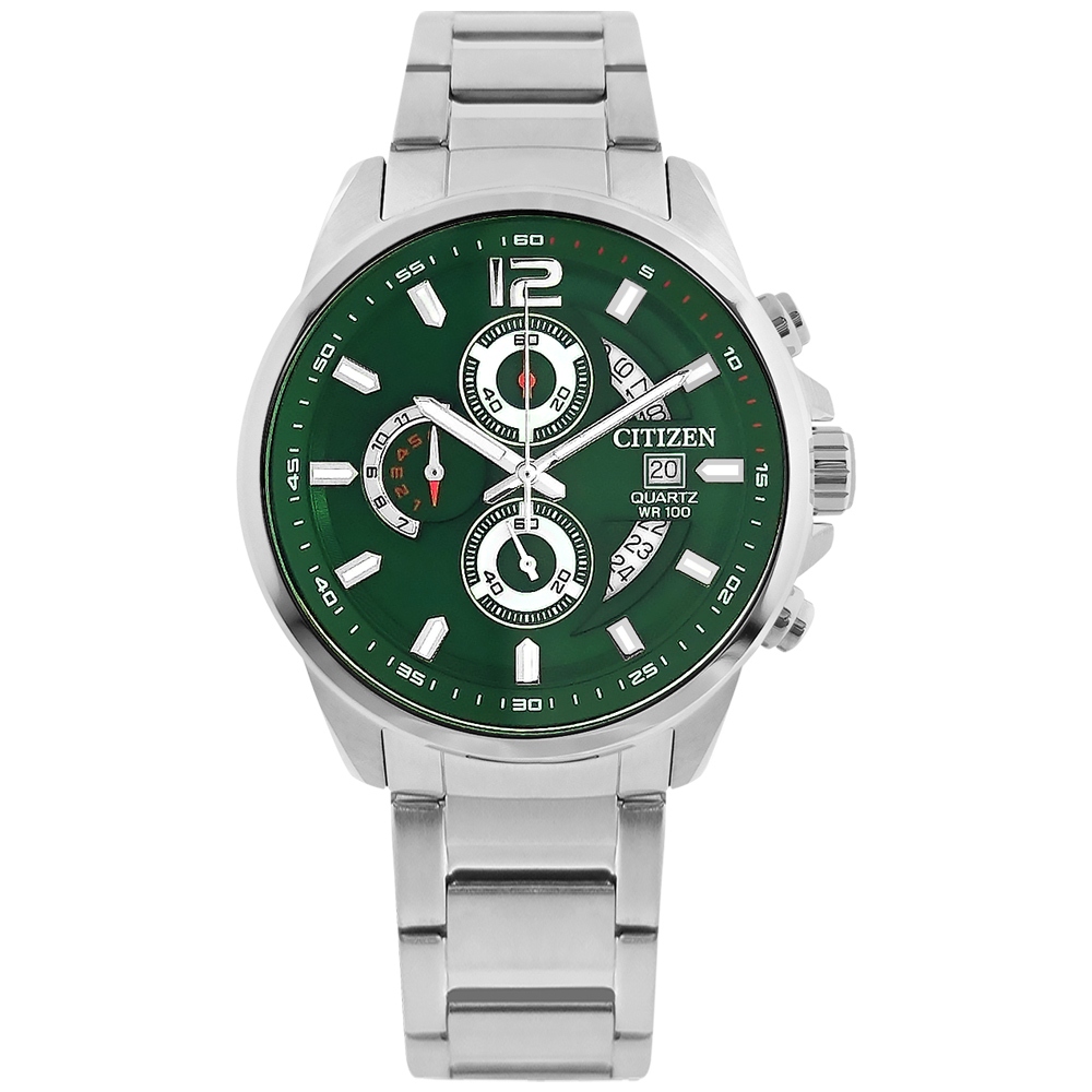 CITIZEN / 三眼計時 日期 防水100米 不鏽鋼手錶 綠色 / AN3690-56X / 43mm