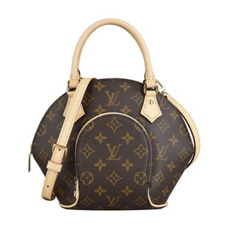 LV M46196 Ellipse PM老花LOGO Monogram帆布拉鍊手提斜背貝殼包(咖啡x米)