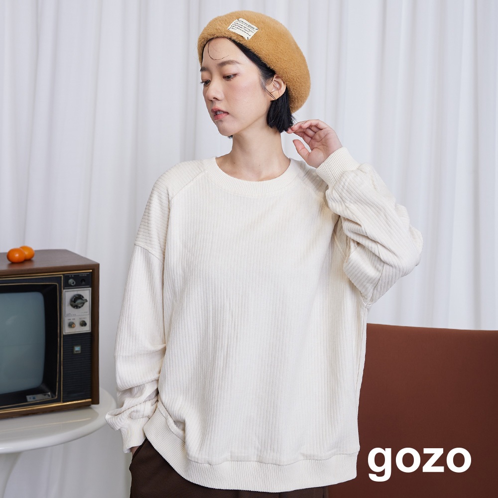 【gozo】造型抽皺袖針織大學T(淺灰/米黃_F) | 女裝 圓領 休閒