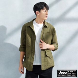 JEEP 男裝 抗撕裂口袋剪接長袖襯衫-綠色