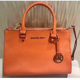 真品 Michael kors MK 橘色 防刮皮革 側背金字LOGO 斜背包 手提包 單肩包 兩用包