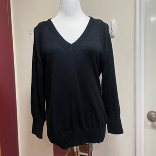 Giordano ladies 黑色 麻混紡棉 v領 多層次 設計感 長袖上衣 針織上衣