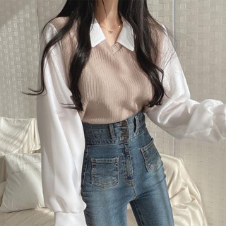 ZUCAS~韓版復古學院風假兩件長袖上衣 針織上衣 毛衣 針織背心 女裝 衣服 寬鬆上衣 顯瘦上衣 冬裝T-587