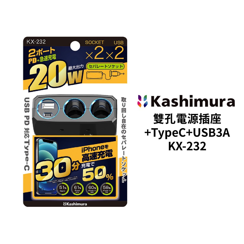 KASHIMURA 雙孔車用電源插座+TypeC+USB3A｜KX-232