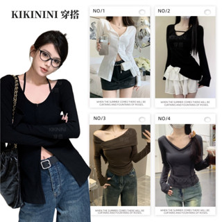 【kikinini】韓版不規則長袖上衣 短版上衣 辣妹 內搭上衣 純欲風 性感上衣 露肩上衣 掛脖上衣 顯瘦上衣 設計感