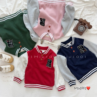 🌈✨mix1001 厚磨毛🔥毛線字母R熊熊棒球⚾️上衣✨兒童拼色造型刷毛開扣上衣 7-19