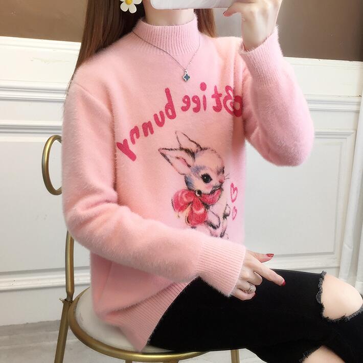 衣時尚 針織上衣 毛線衣 保暖 新款仿水貂毛衣女加絨加厚半高領針織可愛卡通內搭學生款MB012  6335 .