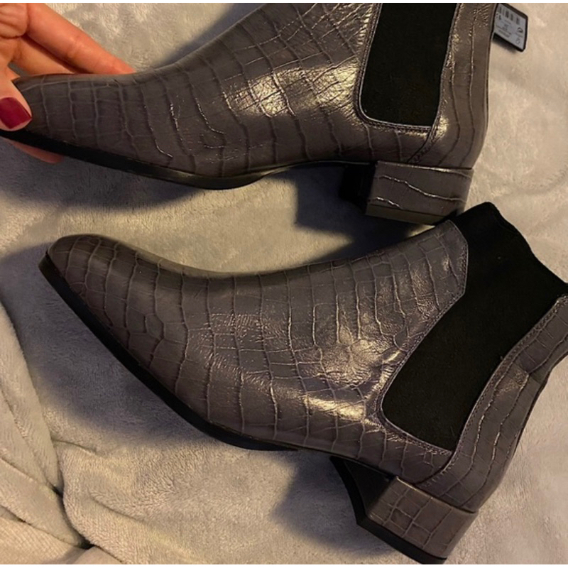 全新39 Massimo Dutti女鞋灰色鱷魚皮紋切爾西真牛皮短靴 39