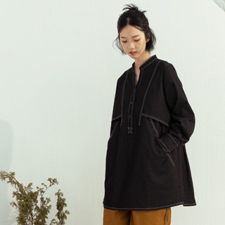 【MOSS CLUB】裝飾線工裝V領長袖洋裝 黑 卡