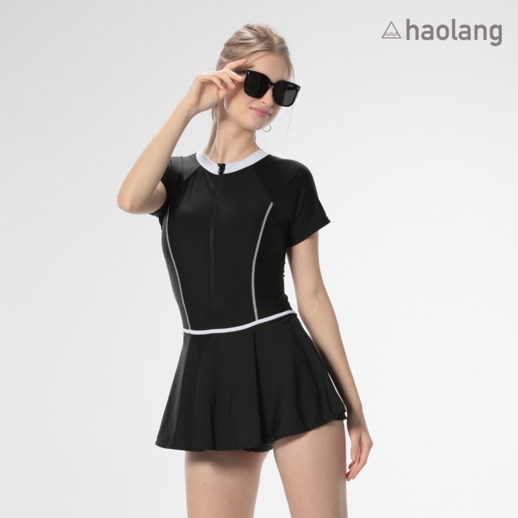 Haolang 經典黑短袖連身裙泳衣/學生推薦款/合身版型