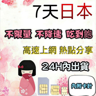 免設定 日本7天吃到飽上網絡卡 不限量 不降速 高速上網 漫遊卡 熱點分享 網路sim卡 行動上網WIFI 北海道 沖繩