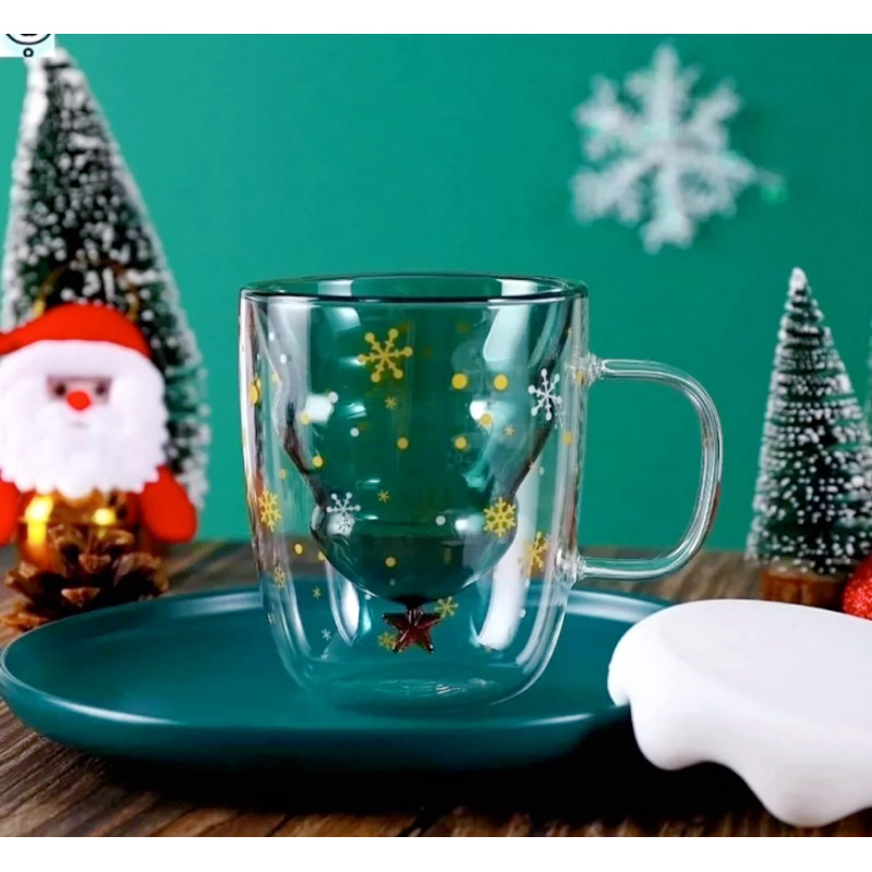🔸MXS🔸星巴克 starbucks 耶誕限定 聖誕樹 雙層 玻璃杯 （含白雪杯蓋）